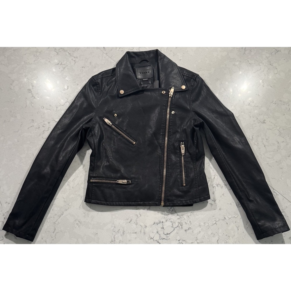 BlankNYC Faux Leather Moto Jacket Womens Medium M Black Gold Zippers Rockstar